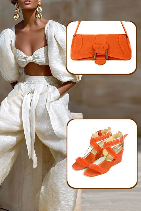 Women's clementine orange elegant fully open cross straps sandals. Square toe. Medium wedge heels - Top view